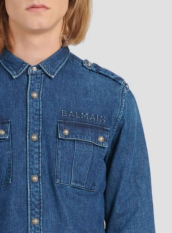 Balmain Denim Mens Shirt With Small Embossed Balmain Logo Blue Balmain Denim Mens Shirt With Small Embossed Balmain Logo Blue