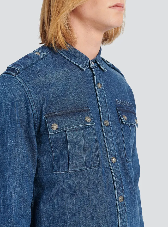 Balmain Denim Mens Shirt With Small Embossed Balmain Logo Blue Balmain Denim Mens Shirt With Small Embossed Balmain Logo Blue