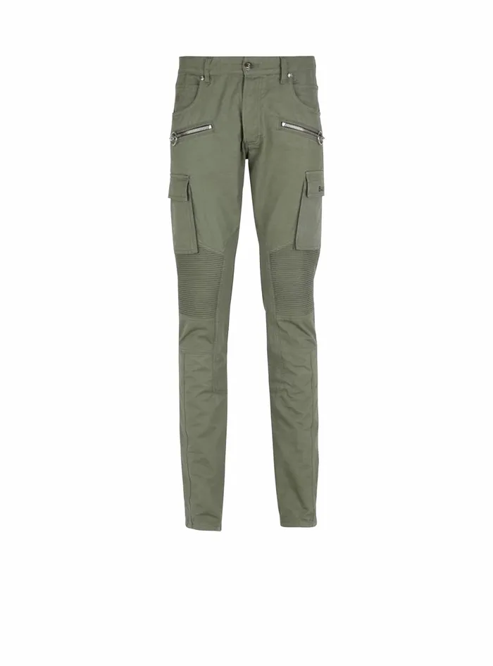 Balmain Denim Mens Slim Cut Ridged Cotton Cargo Jeans Khaki