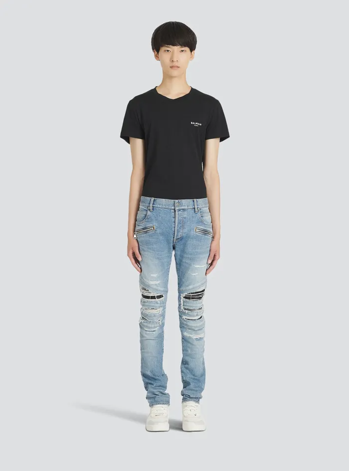 Balmain Denim Mens Slim Cut Ripped Cotton Jeans Blue Balmain Denim Mens Slim Cut Ripped Cotton Jeans Blue