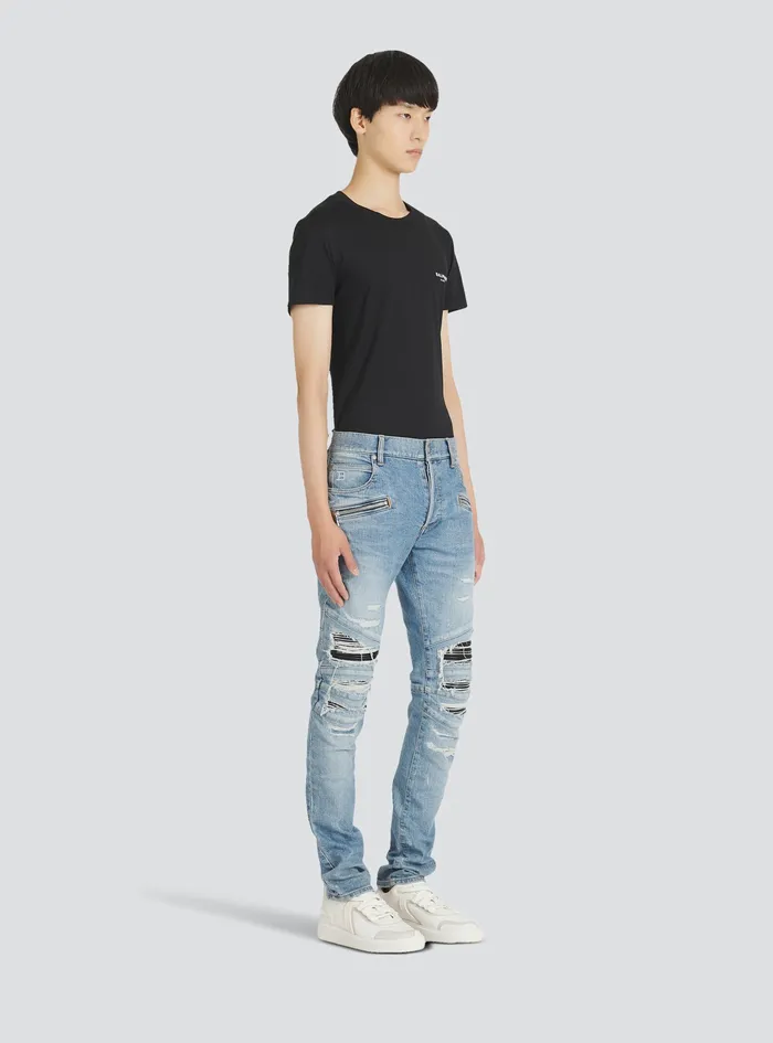 Balmain Denim Mens Slim Cut Ripped Cotton Jeans Blue Balmain Denim Mens Slim Cut Ripped Cotton Jeans Blue