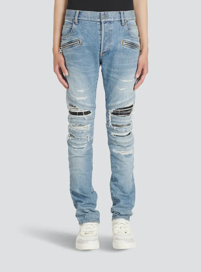 Balmain Denim Mens Slim Cut Ripped Cotton Jeans Blue Balmain Denim Mens Slim Cut Ripped Cotton Jeans Blue