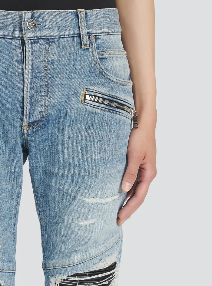Balmain Denim Mens Slim Cut Ripped Cotton Jeans Blue Balmain Denim Mens Slim Cut Ripped Cotton Jeans Blue