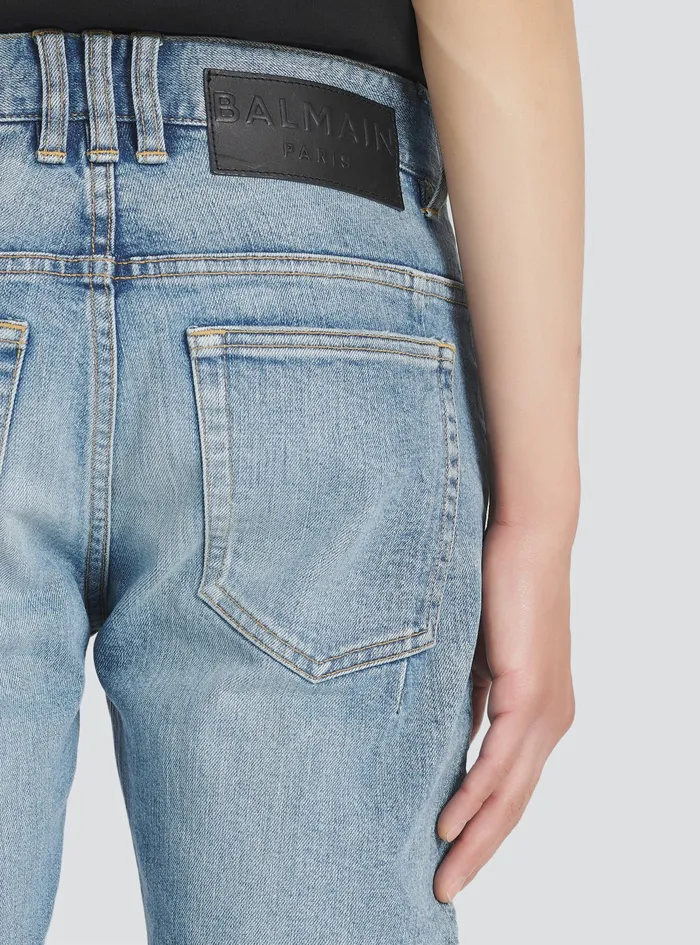 Balmain Denim Mens Slim Cut Ripped Cotton Jeans Blue Balmain Denim Mens Slim Cut Ripped Cotton Jeans Blue