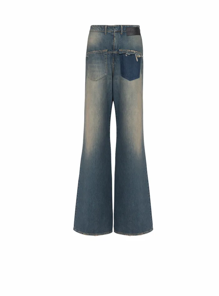 Balmain Denim Mens WideLegged Faded Cotton Reversed Jeans Blue