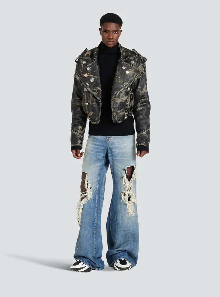 Balmain Denim Mens WideLegged Ripped Cotton Jeans Blue Balmain Denim Mens WideLegged Ripped Cotton Jeans Blue