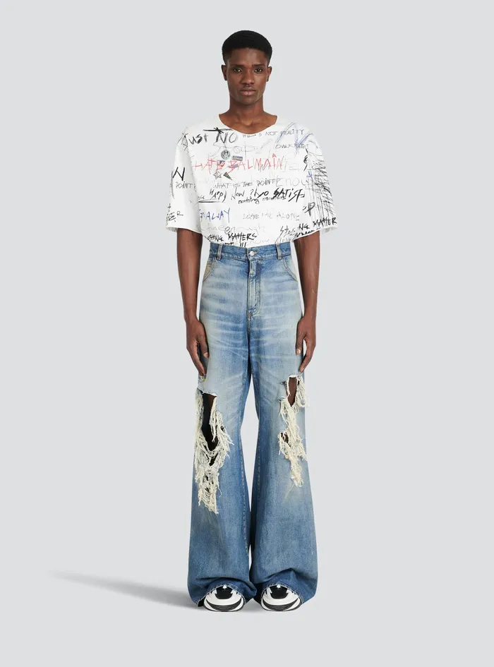 Balmain Denim Mens WideLegged Ripped Cotton Jeans Blue Balmain Denim Mens WideLegged Ripped Cotton Jeans Blue