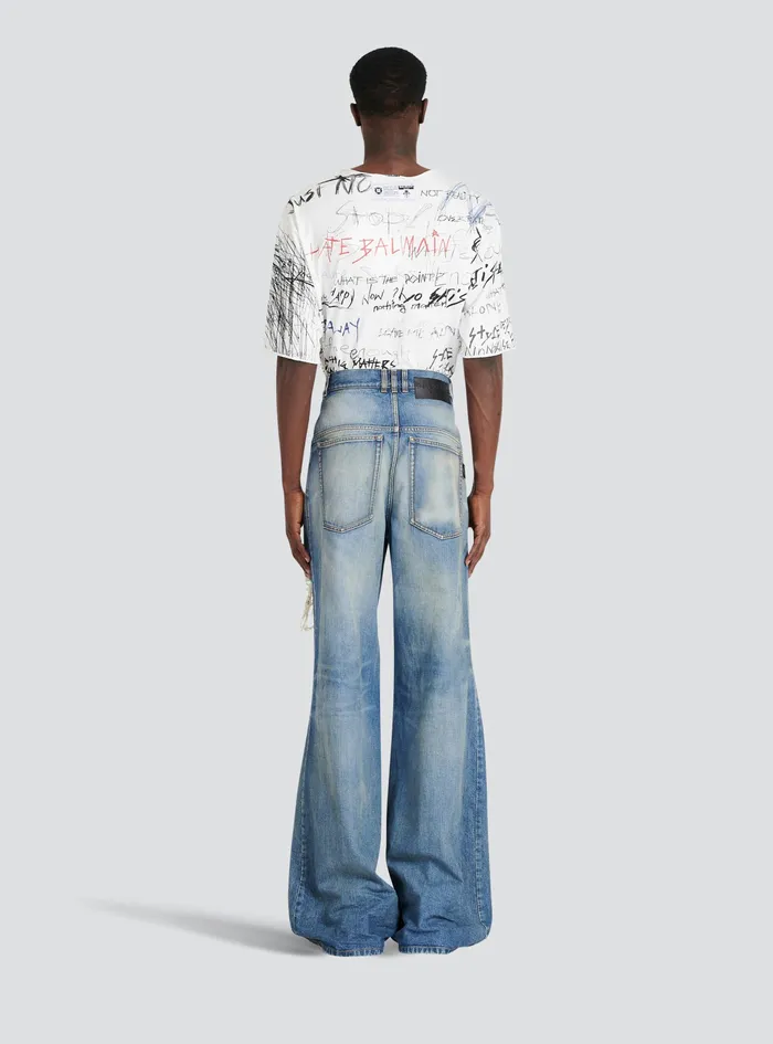 Balmain Denim Mens WideLegged Ripped Cotton Jeans Blue Balmain Denim Mens WideLegged Ripped Cotton Jeans Blue