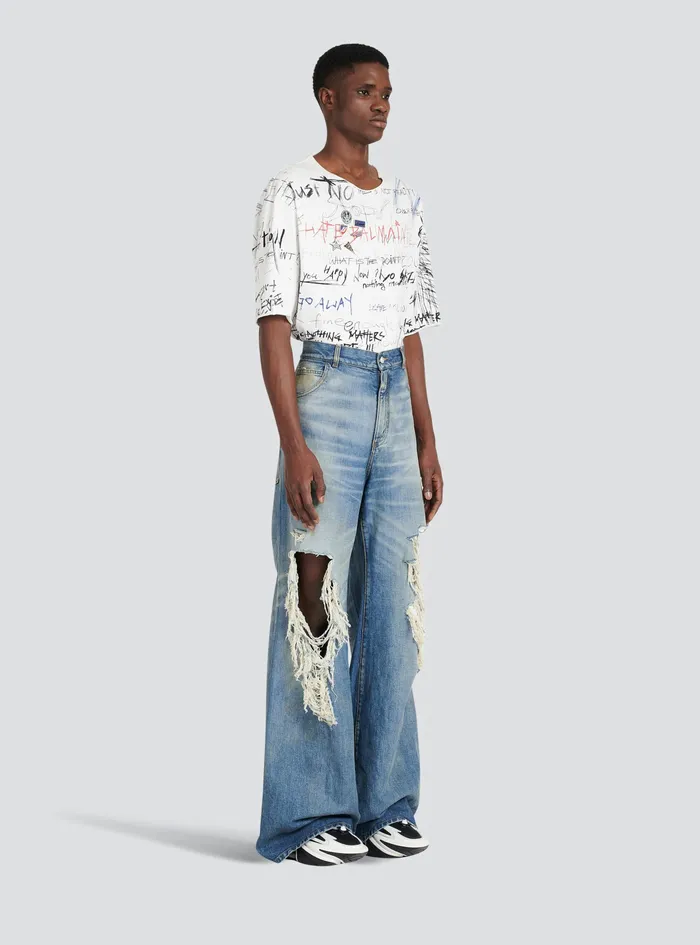 Balmain Denim Mens WideLegged Ripped Cotton Jeans Blue Balmain Denim Mens WideLegged Ripped Cotton Jeans Blue