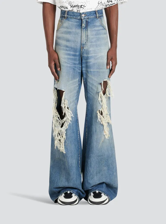 Balmain Denim Mens WideLegged Ripped Cotton Jeans Blue Balmain Denim Mens WideLegged Ripped Cotton Jeans Blue
