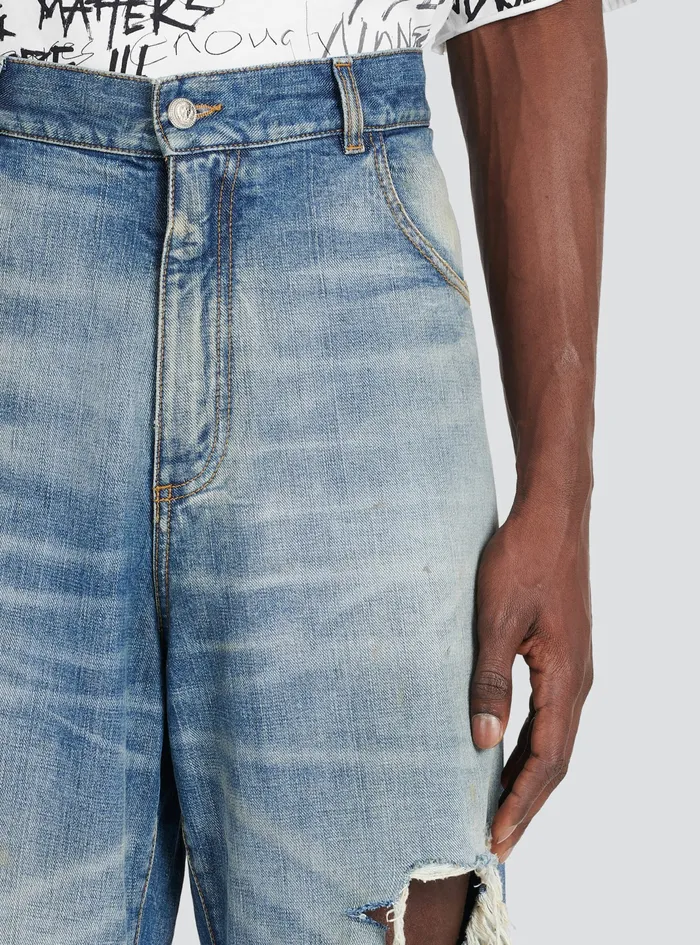 Balmain Denim Mens WideLegged Ripped Cotton Jeans Blue Balmain Denim Mens WideLegged Ripped Cotton Jeans Blue