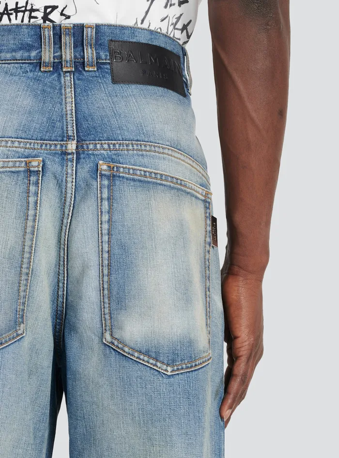 Balmain Denim Mens WideLegged Ripped Cotton Jeans Blue Balmain Denim Mens WideLegged Ripped Cotton Jeans Blue