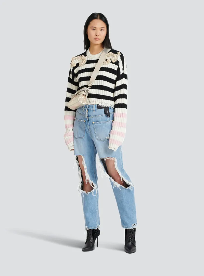Balmain Denim Womens Destroyed Reverse Boyfriend Cut Jeans Blue