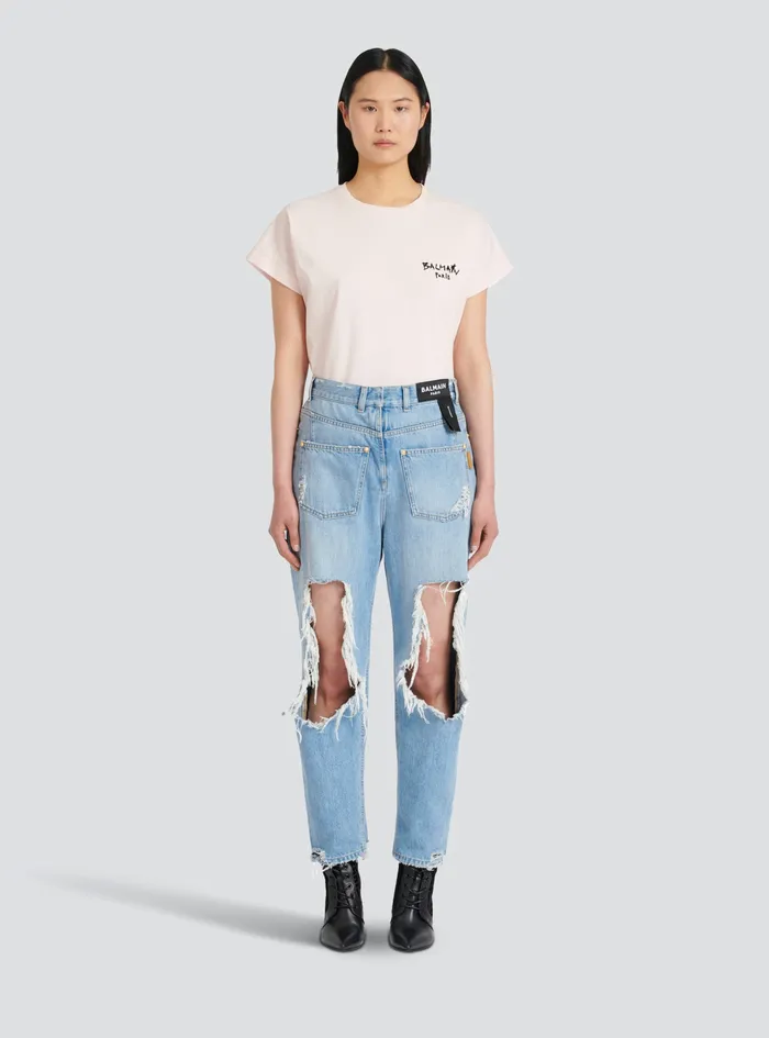 Balmain Denim Womens Destroyed Reverse Boyfriend Cut Jeans Blue