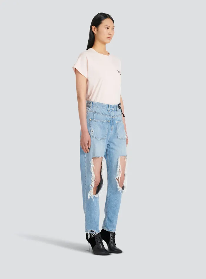 Balmain Denim Womens Destroyed Reverse Boyfriend Cut Jeans Blue