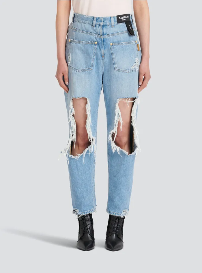 Balmain Denim Womens Destroyed Reverse Boyfriend Cut Jeans Blue