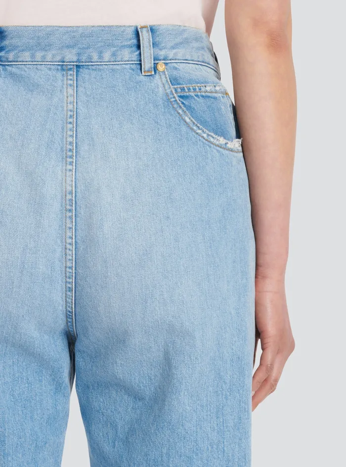 Balmain Denim Womens Destroyed Reverse Boyfriend Cut Jeans Blue