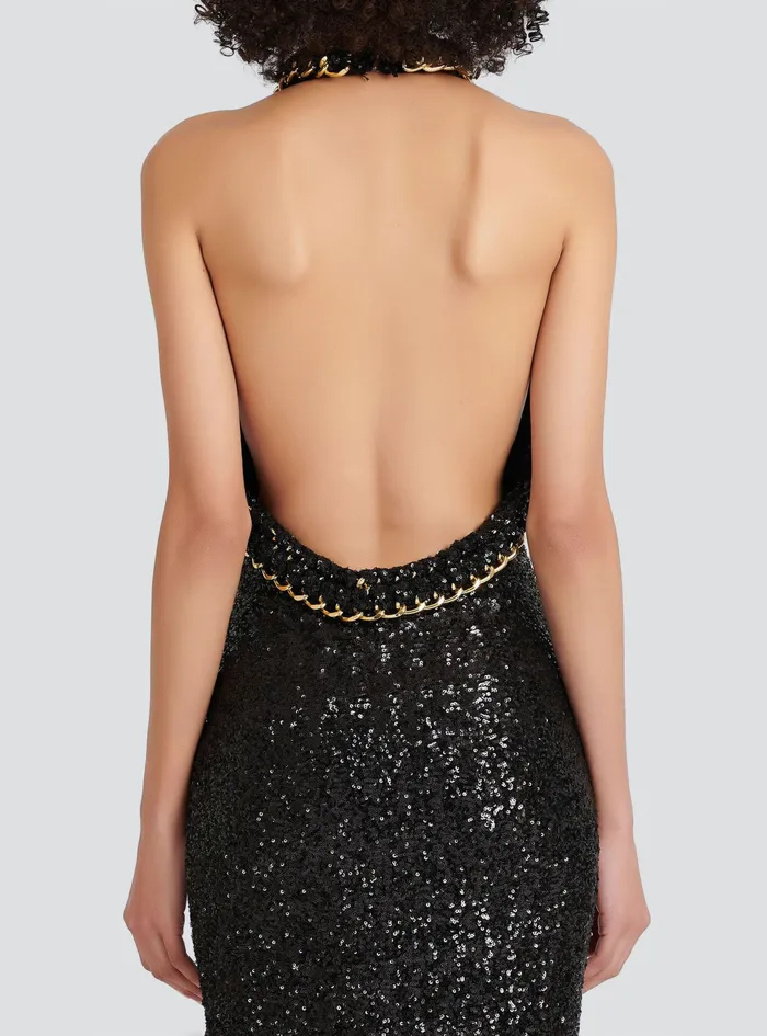 Balmain Dresses Womens Long Sequined Embroidered Dress Black Balmain Dresses Womens Long Sequined Embroidered Dress Black