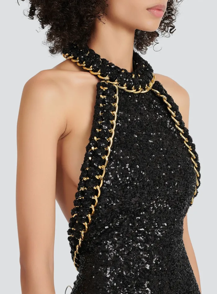Balmain Dresses Womens Long Sequined Embroidered Dress Black Balmain Dresses Womens Long Sequined Embroidered Dress Black