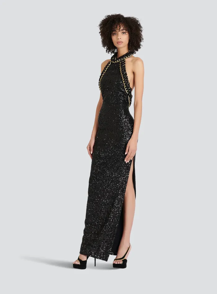 Balmain Dresses Womens Long Sequined Embroidered Dress Black Balmain Dresses Womens Long Sequined Embroidered Dress Black