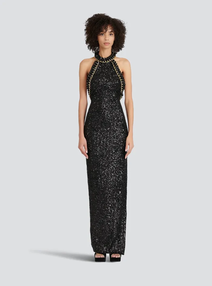 Balmain Dresses Womens Long Sequined Embroidered Dress Black Balmain Dresses Womens Long Sequined Embroidered Dress Black