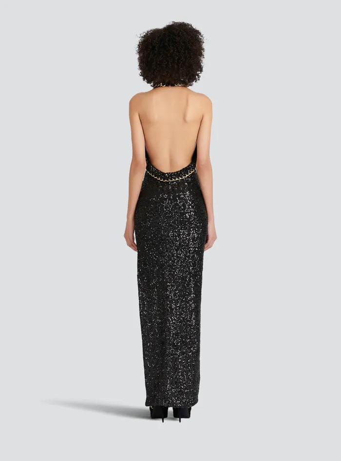 Balmain Dresses Womens Long Sequined Embroidered Dress Black Balmain Dresses Womens Long Sequined Embroidered Dress Black