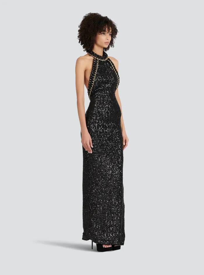 Balmain Dresses Womens Long Sequined Embroidered Dress Black Balmain Dresses Womens Long Sequined Embroidered Dress Black