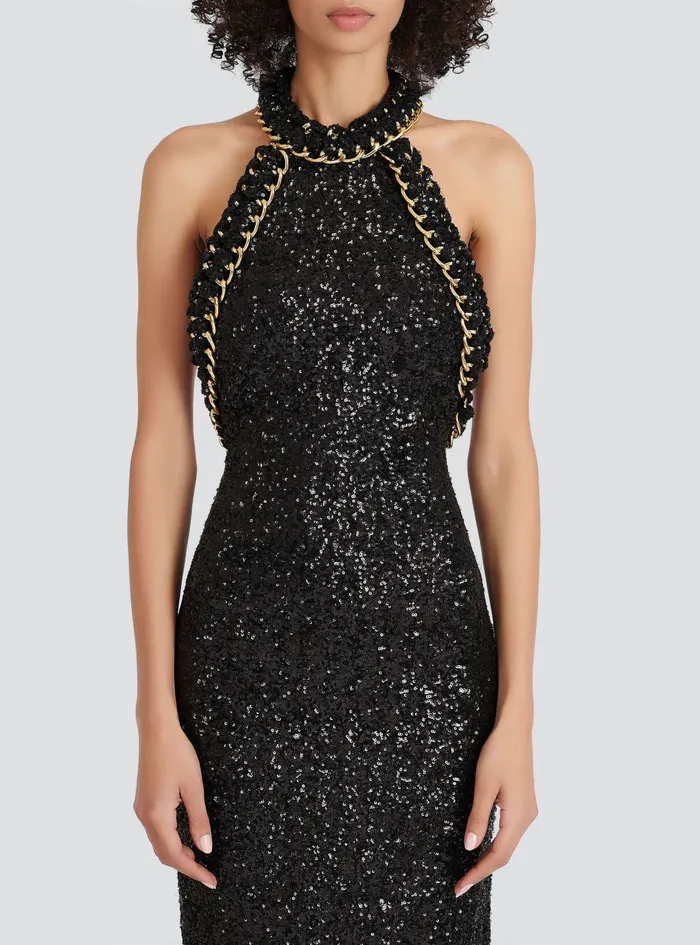 Balmain Dresses Womens Long Sequined Embroidered Dress Black Balmain Dresses Womens Long Sequined Embroidered Dress Black