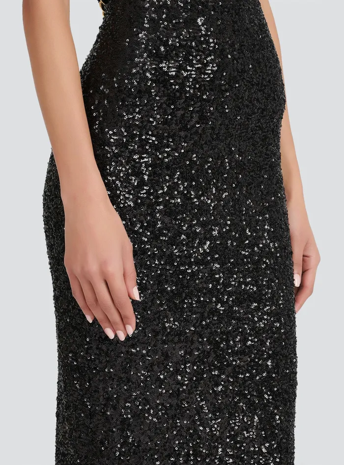 Balmain Dresses Womens Long Sequined Embroidered Dress Black Balmain Dresses Womens Long Sequined Embroidered Dress Black