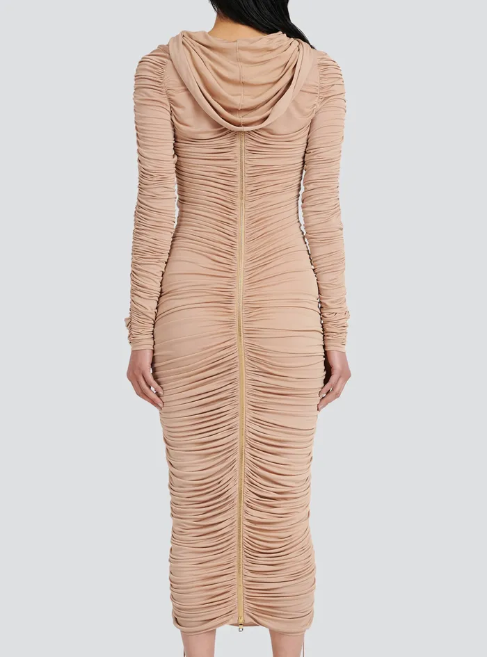 Balmain Dresses Womens MidLength Jersey Hooded Dress Beige Balmain Dresses Womens MidLength Jersey Hooded Dress Beige