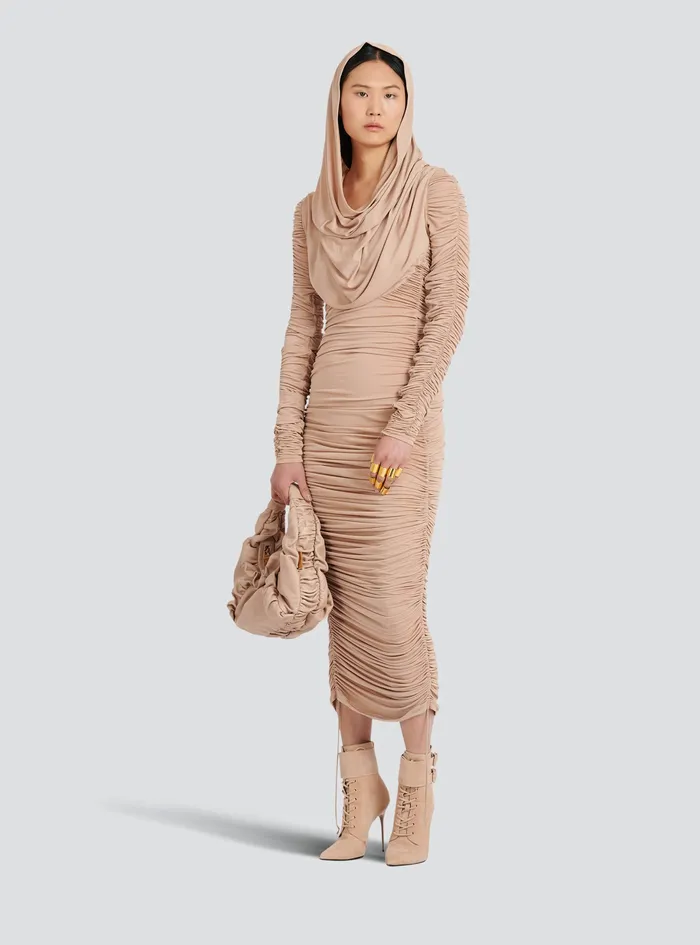 Balmain Dresses Womens MidLength Jersey Hooded Dress Beige Balmain Dresses Womens MidLength Jersey Hooded Dress Beige
