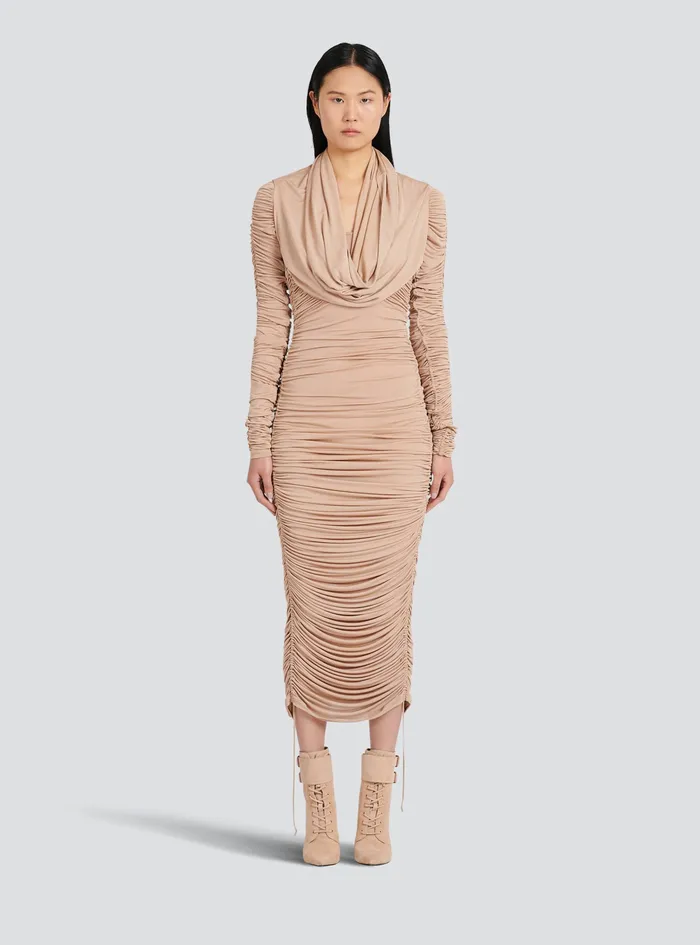 Balmain Dresses Womens MidLength Jersey Hooded Dress Beige Balmain Dresses Womens MidLength Jersey Hooded Dress Beige