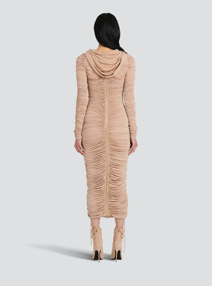 Balmain Dresses Womens MidLength Jersey Hooded Dress Beige Balmain Dresses Womens MidLength Jersey Hooded Dress Beige