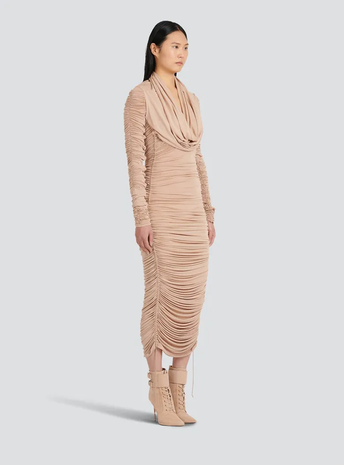 Balmain Dresses Womens MidLength Jersey Hooded Dress Beige Balmain Dresses Womens MidLength Jersey Hooded Dress Beige