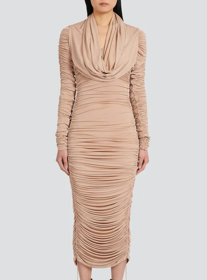 Balmain Dresses Womens MidLength Jersey Hooded Dress Beige Balmain Dresses Womens MidLength Jersey Hooded Dress Beige