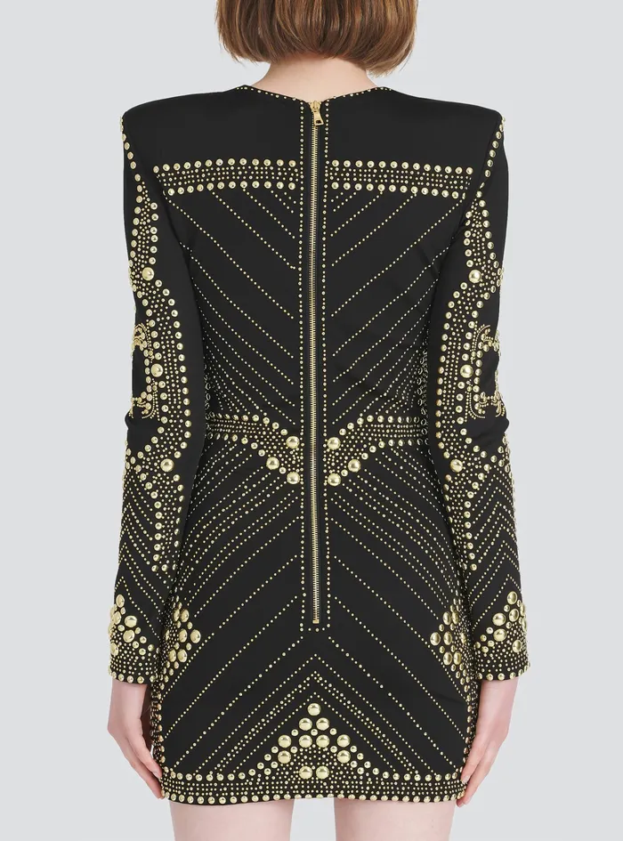 Balmain Dresses Womens Short Dress With Embroidered GoldTone Studs Gold Balmain Dresses Womens Short Dress With Embroidered GoldTone Studs Gold