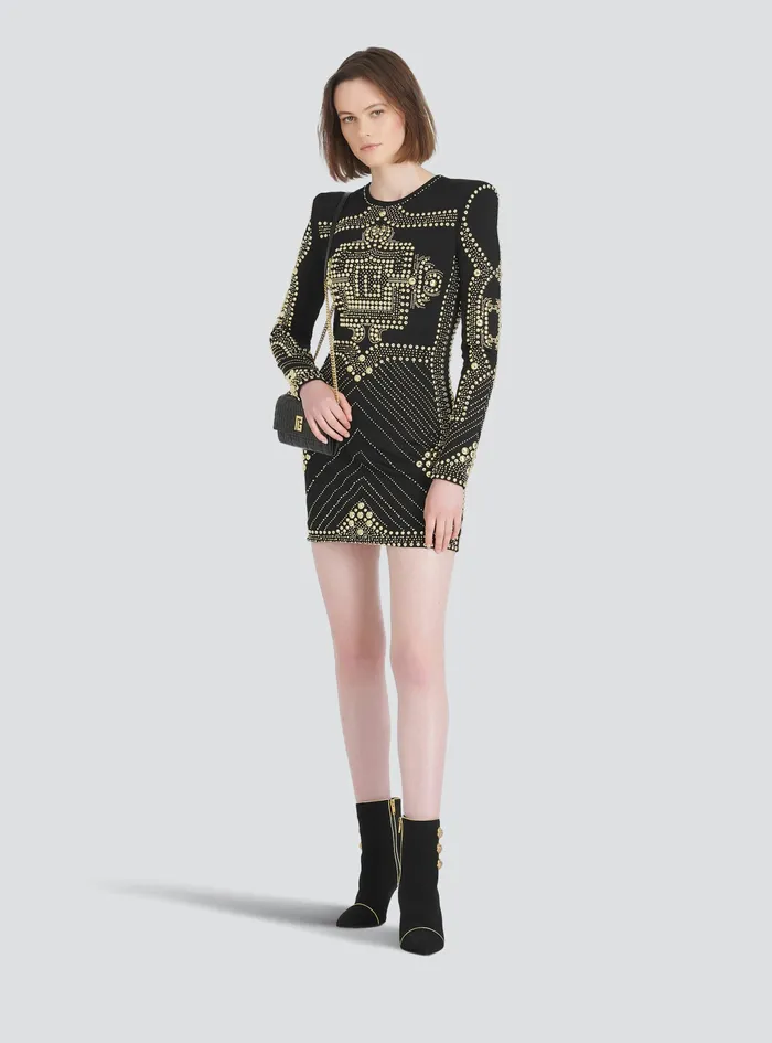 Balmain Dresses Womens Short Dress With Embroidered GoldTone Studs Gold Balmain Dresses Womens Short Dress With Embroidered GoldTone Studs Gold
