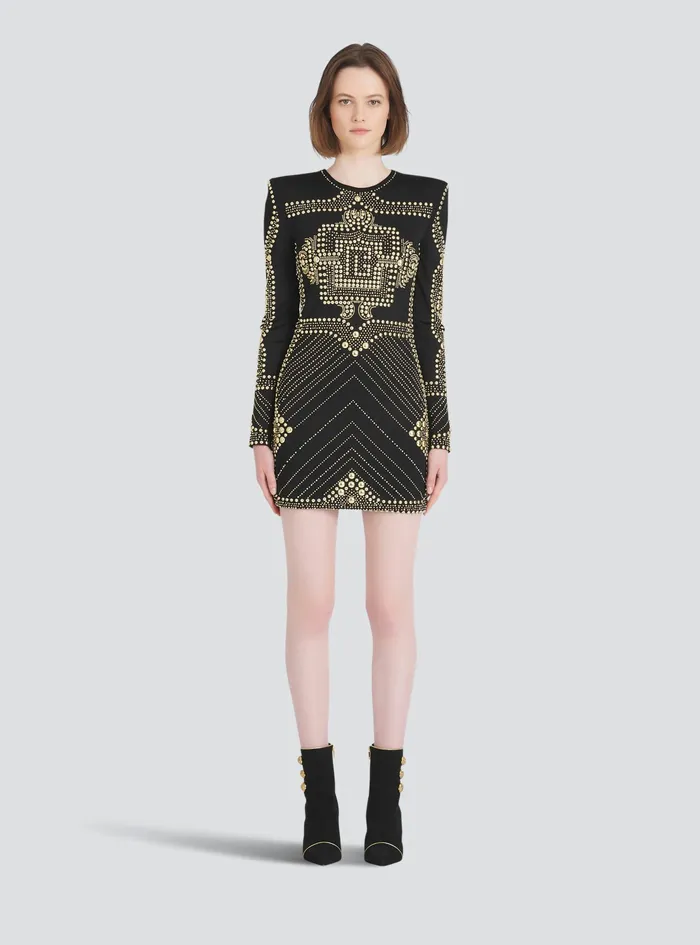 Balmain Dresses Womens Short Dress With Embroidered GoldTone Studs Gold Balmain Dresses Womens Short Dress With Embroidered GoldTone Studs Gold