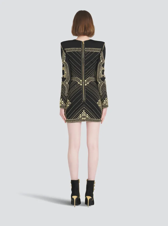 Balmain Dresses Womens Short Dress With Embroidered GoldTone Studs Gold Balmain Dresses Womens Short Dress With Embroidered GoldTone Studs Gold