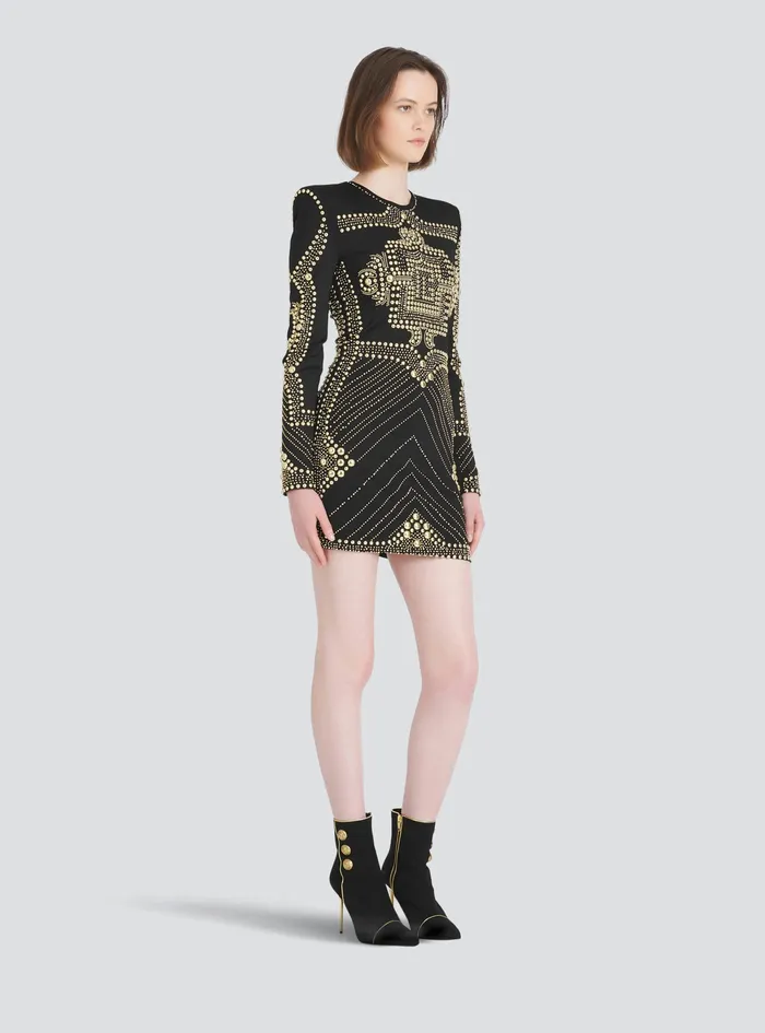 Balmain Dresses Womens Short Dress With Embroidered GoldTone Studs Gold Balmain Dresses Womens Short Dress With Embroidered GoldTone Studs Gold