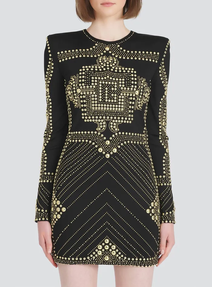 Balmain Dresses Womens Short Dress With Embroidered GoldTone Studs Gold Balmain Dresses Womens Short Dress With Embroidered GoldTone Studs Gold