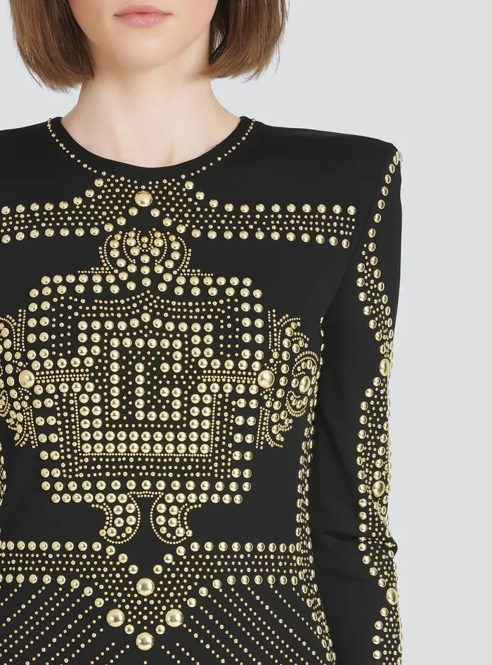 Balmain Dresses Womens Short Dress With Embroidered GoldTone Studs Gold Balmain Dresses Womens Short Dress With Embroidered GoldTone Studs Gold