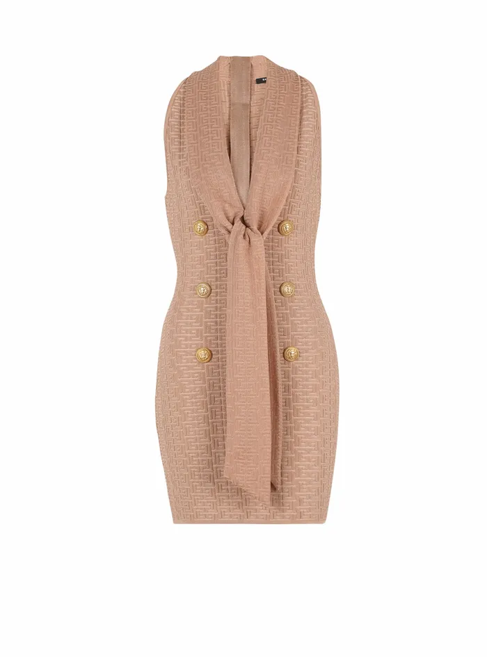 Balmain Dresses Womens Short EcoDesigned Knit Dress With Balmain Monogram Beige Balmain Dresses Womens Short EcoDesigned Knit Dress With Balmain Monogram Beige