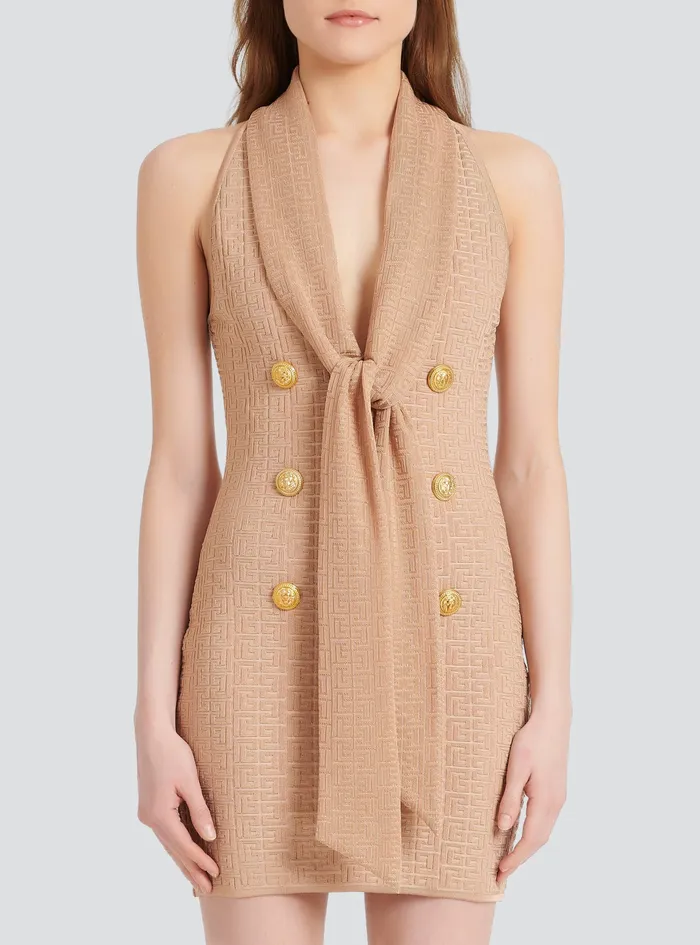 Balmain Dresses Womens Short EcoDesigned Knit Dress With Balmain Monogram Beige Balmain Dresses Womens Short EcoDesigned Knit Dress With Balmain Monogram Beige