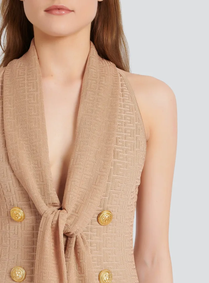 Balmain Dresses Womens Short EcoDesigned Knit Dress With Balmain Monogram Beige Balmain Dresses Womens Short EcoDesigned Knit Dress With Balmain Monogram Beige