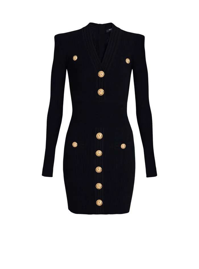 Balmain Dresses Womens Short EcoDesigned Knit Dress With GoldTone Buttons Black Balmain Dresses Womens Short EcoDesigned Knit Dress With GoldTone Buttons Black