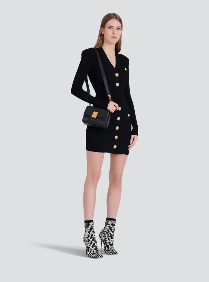 Balmain Dresses Womens Short EcoDesigned Knit Dress With GoldTone Buttons Black