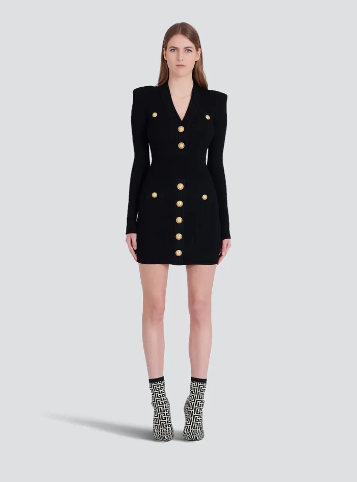 Balmain Dresses Womens Short EcoDesigned Knit Dress With GoldTone Buttons Black