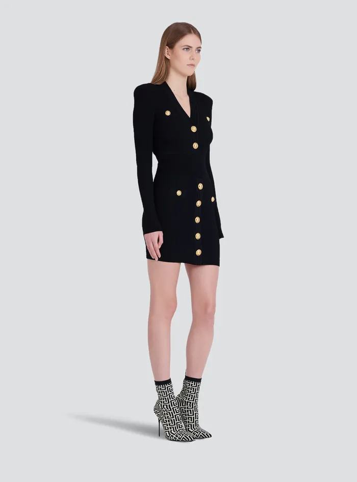 Balmain Dresses Womens Short EcoDesigned Knit Dress With GoldTone Buttons Black