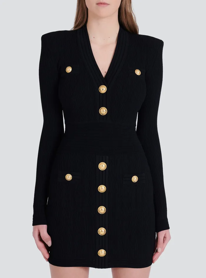 Balmain Dresses Womens Short EcoDesigned Knit Dress With GoldTone Buttons Black